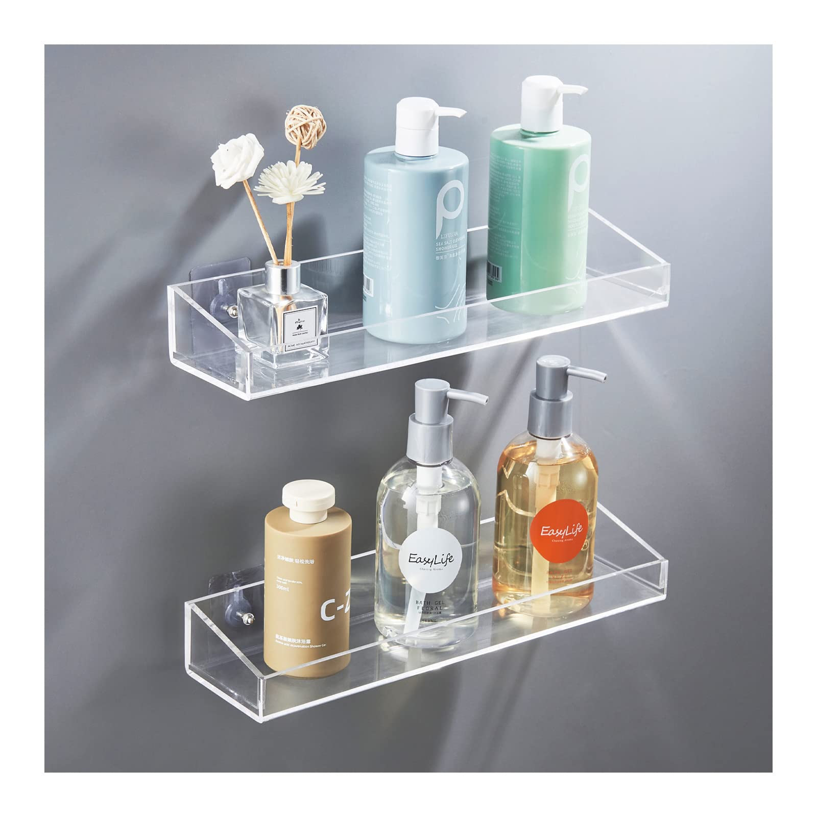 Navaris Acrylic Shower Shelves - Set of 2 - No Drilling Clear Bathroom Shelves - Self Adhesive Wall Mounted Transparent Shelf - 15x3.9x2.7 - 2