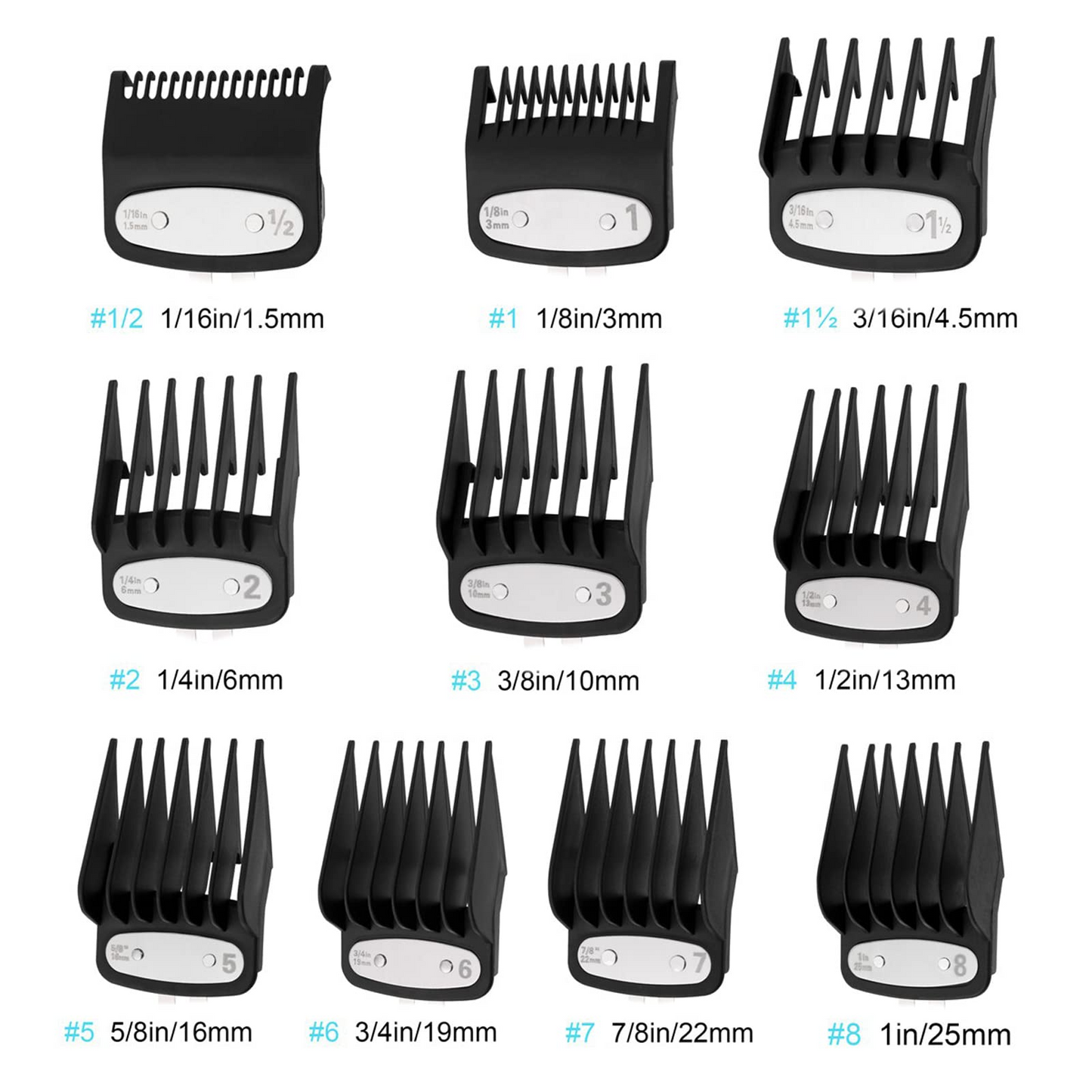 Clipper Guards Cutting Guides Compatible with Wahl Clipper with Metal Clip-from 1/16 Inch to 1 Inch(1.5-25mm)，Fits All Full Size Compatible with Wahl Clippers，10 Pack Black