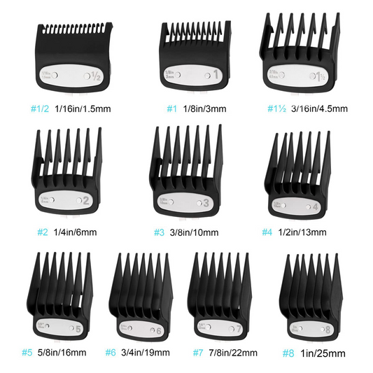 Clipper Guards Cutting Guides Compatible with Wahl Clipper with Metal Clip-from 1/16 Inch to 1 Inch(1.5-25mm)，Fits All Full Size Compatible with Wahl Clippers，10 Pack Black