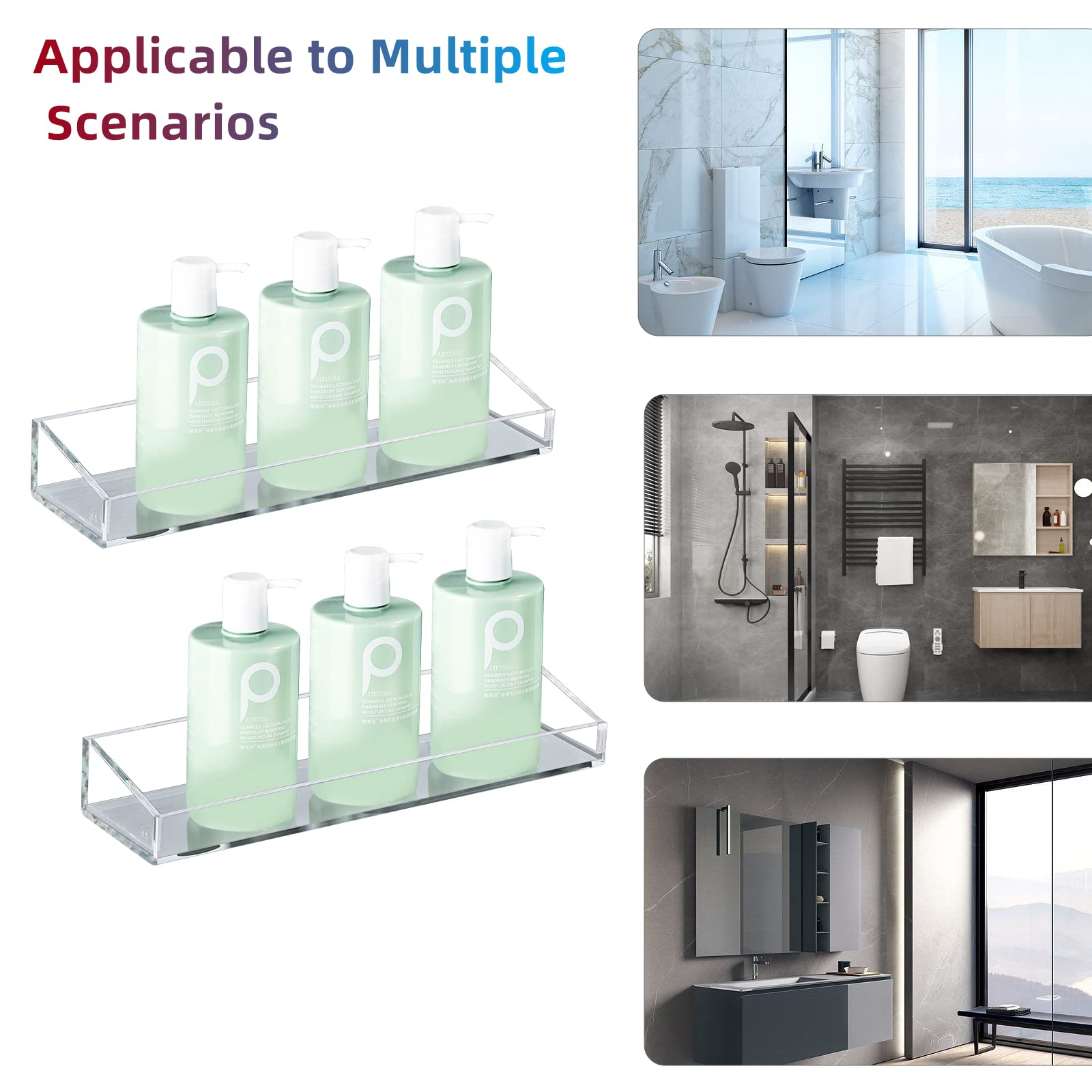 Xqigi Acrylic Shelves Bathroom 2 Pack Clear Shower Floating Shelf with Hooks Transparent Wall Mounted No Drilling Thick Storage Displ